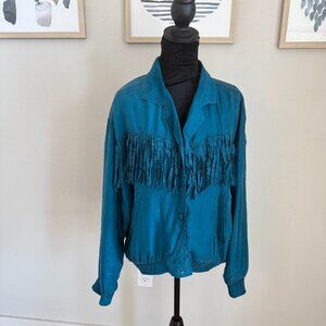 Vintage 90s Silk Western Fringe Jacket Teal Bomber Malcolm Flowers